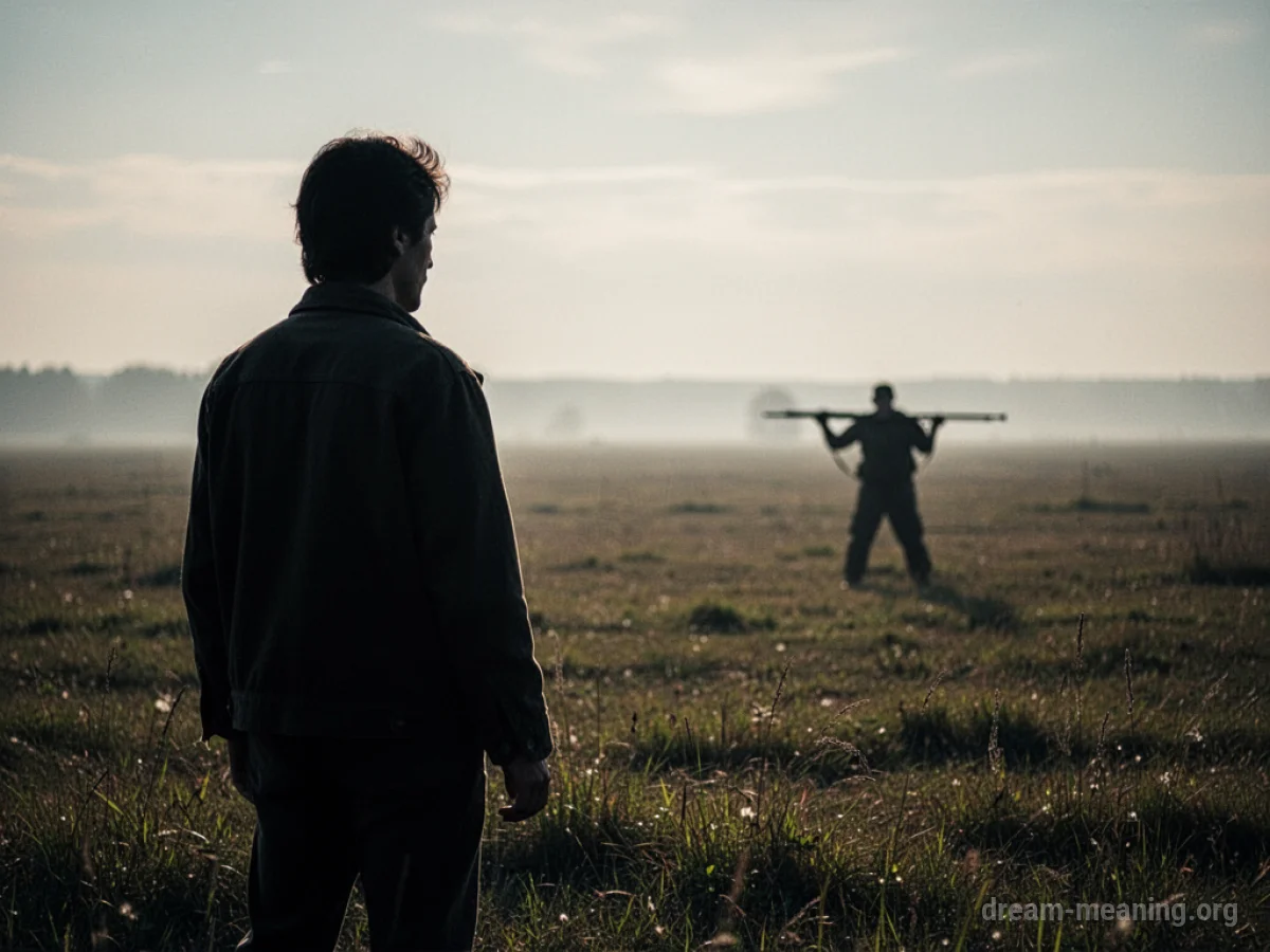 Silhouette of a person in a field with a distant figure aiming.