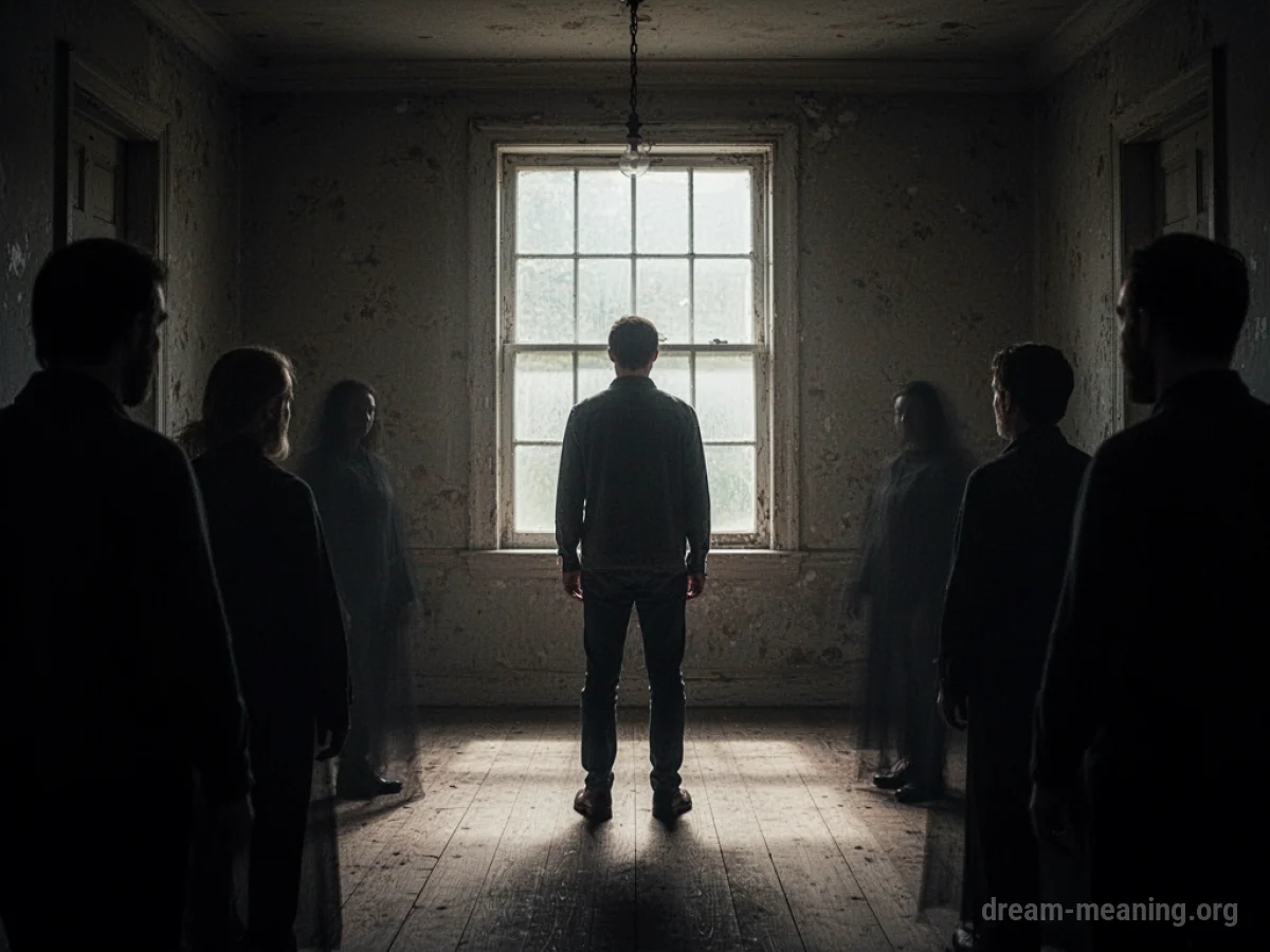 A person standing in a dark room with shadows on the walls.