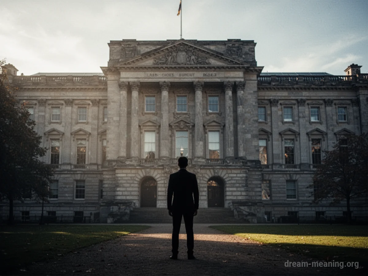 Silhouette of a person standing before a large, imposing building.