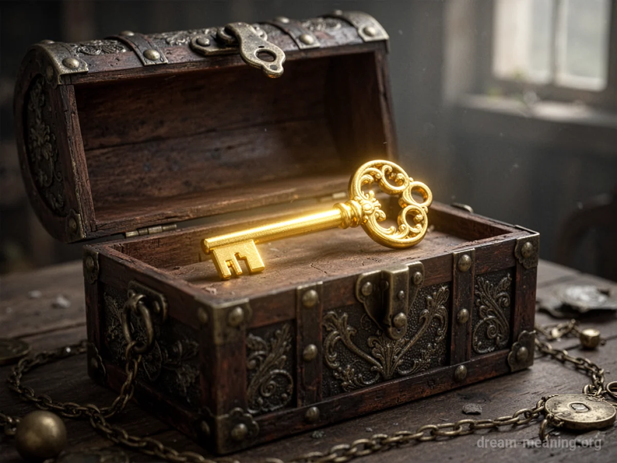 A golden key resting on an open treasure chest.