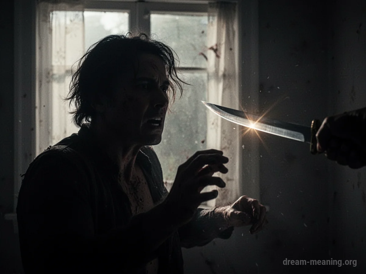 Silhouette of a person facing an unseen threat with a sharp object implied.