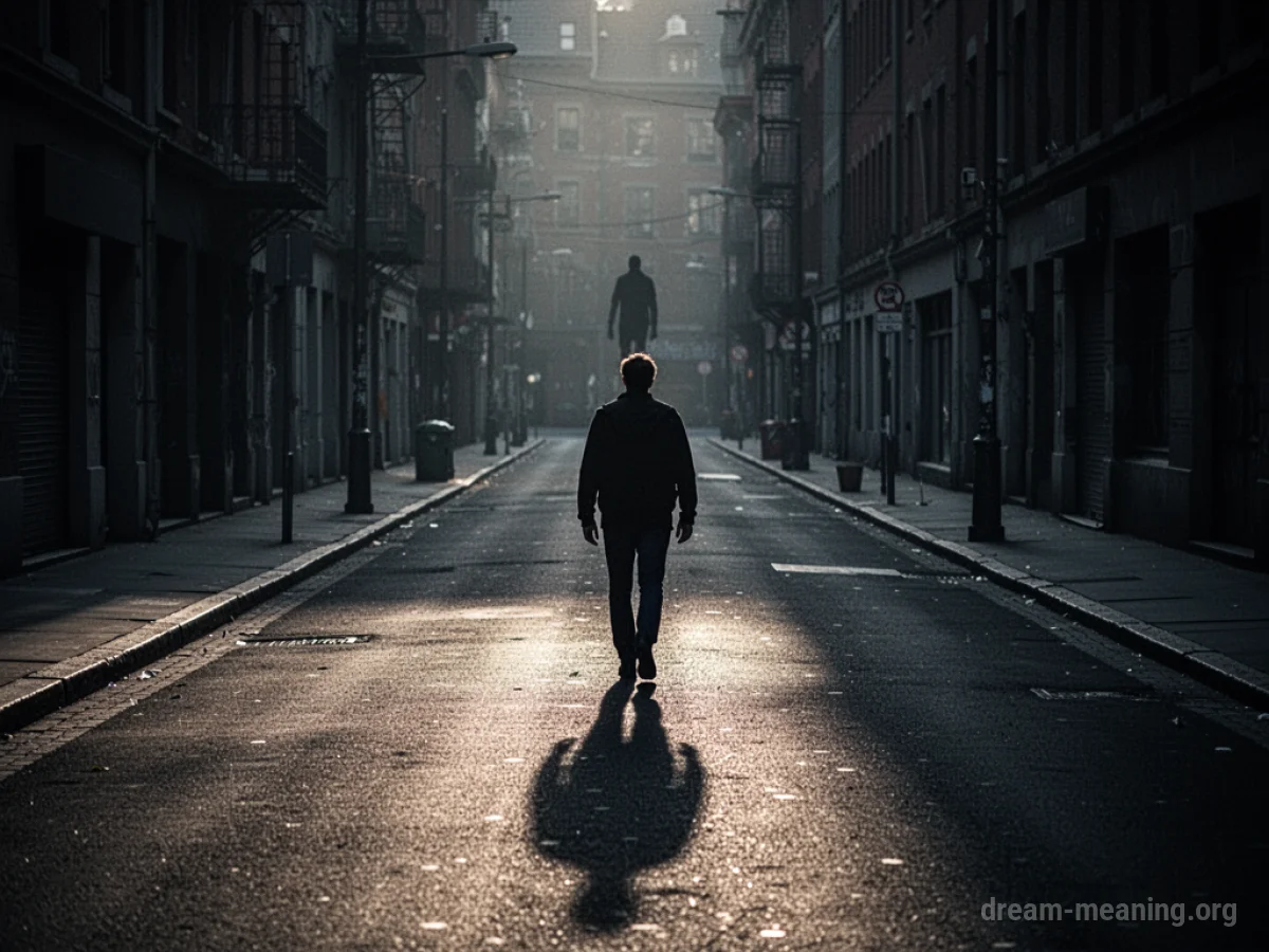 A person walking on a dark street with shadows and a distant figure.