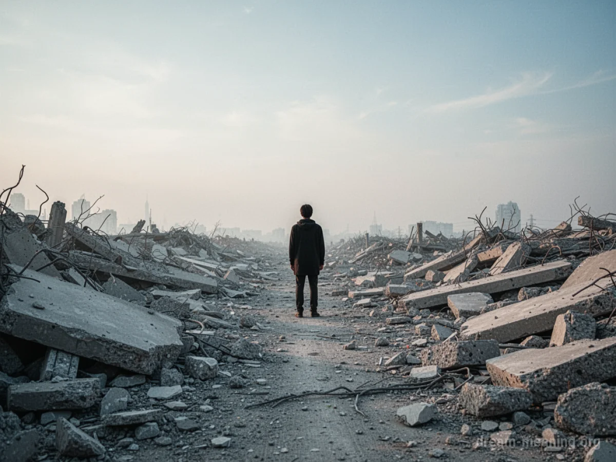 A single person stands amidst a field of broken concrete and twisted metal.