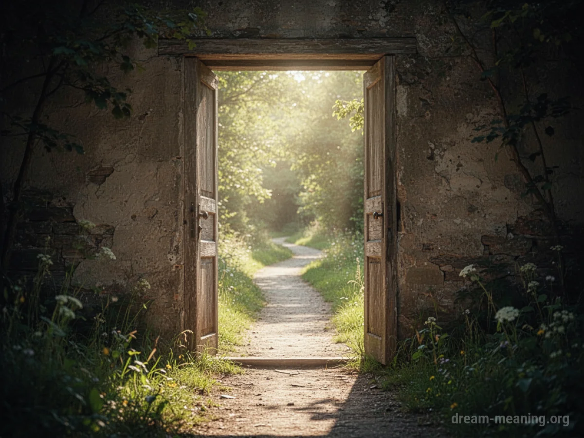 A doorway opening to a sunlit path.