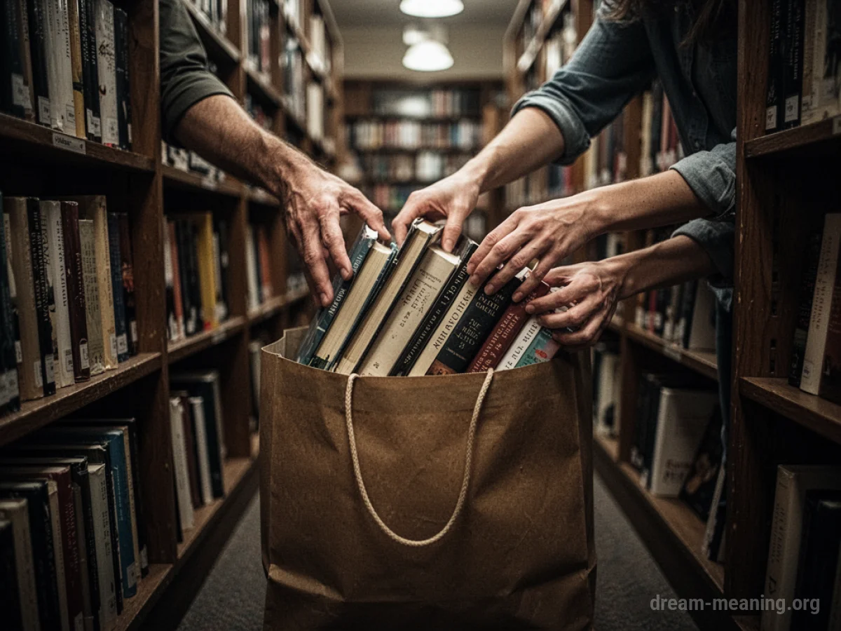 Hands reaching for books on a shelf in a bookstore.