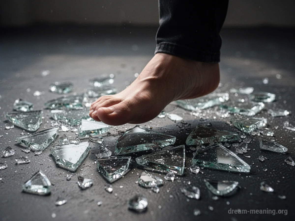 A foot stepping over broken glass pieces.