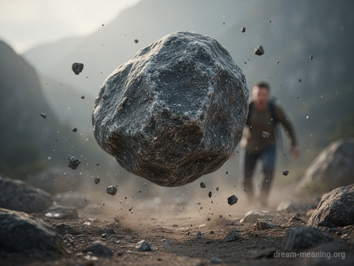 A boulder flying through the air with a shadowy figure in the distance.