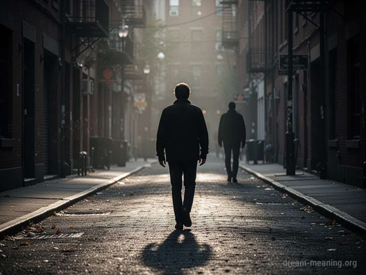 A person walking away from a shadowy figure on a street.