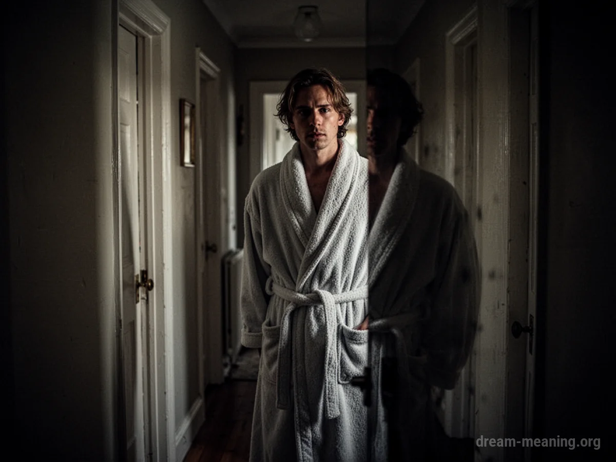 A figure in a bathrobe stands in a shadowy hallway.