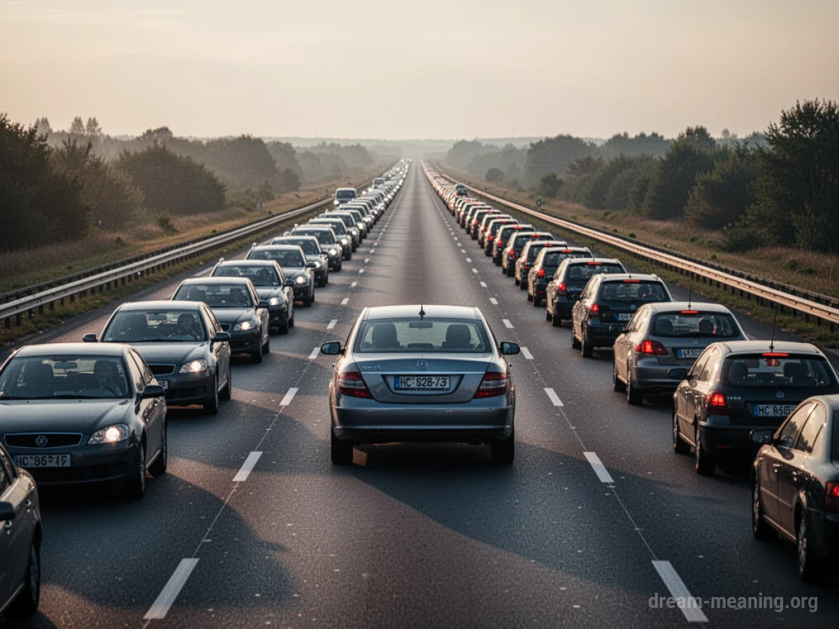 A line of stationary cars on a highway.