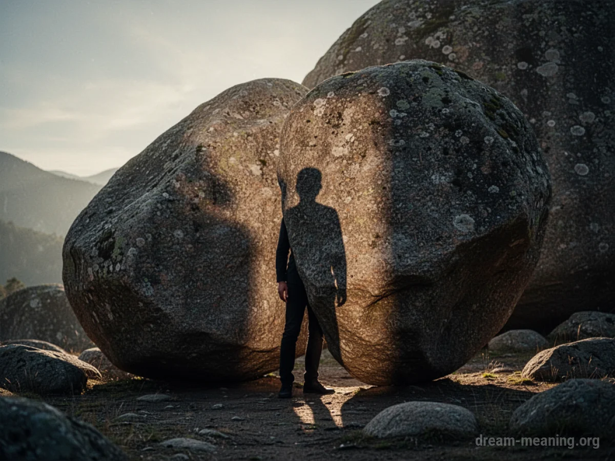 Silhouette of a person pinned beneath a massive boulder.