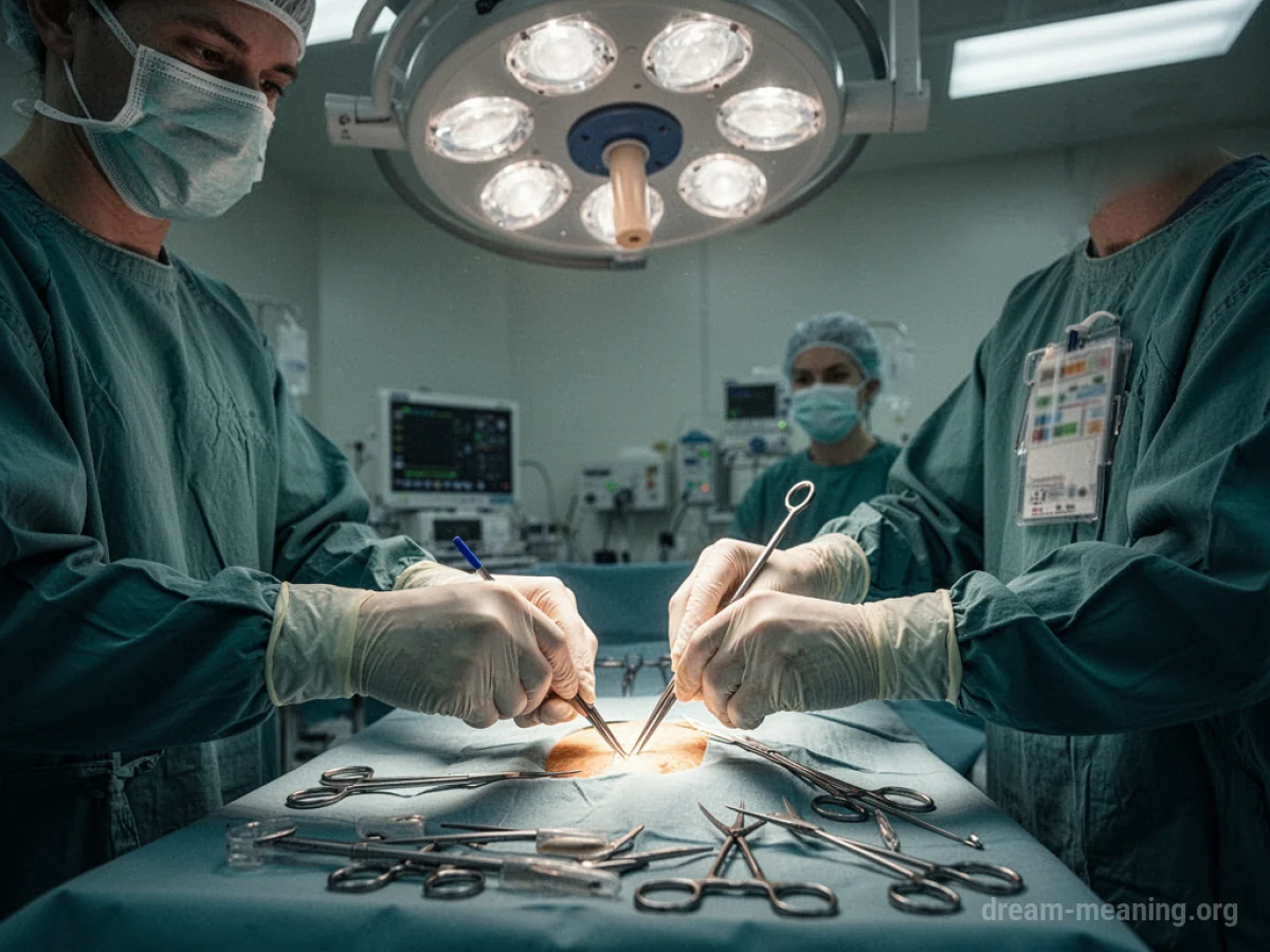 Surgeon's hands performing a delicate procedure in an operating room.