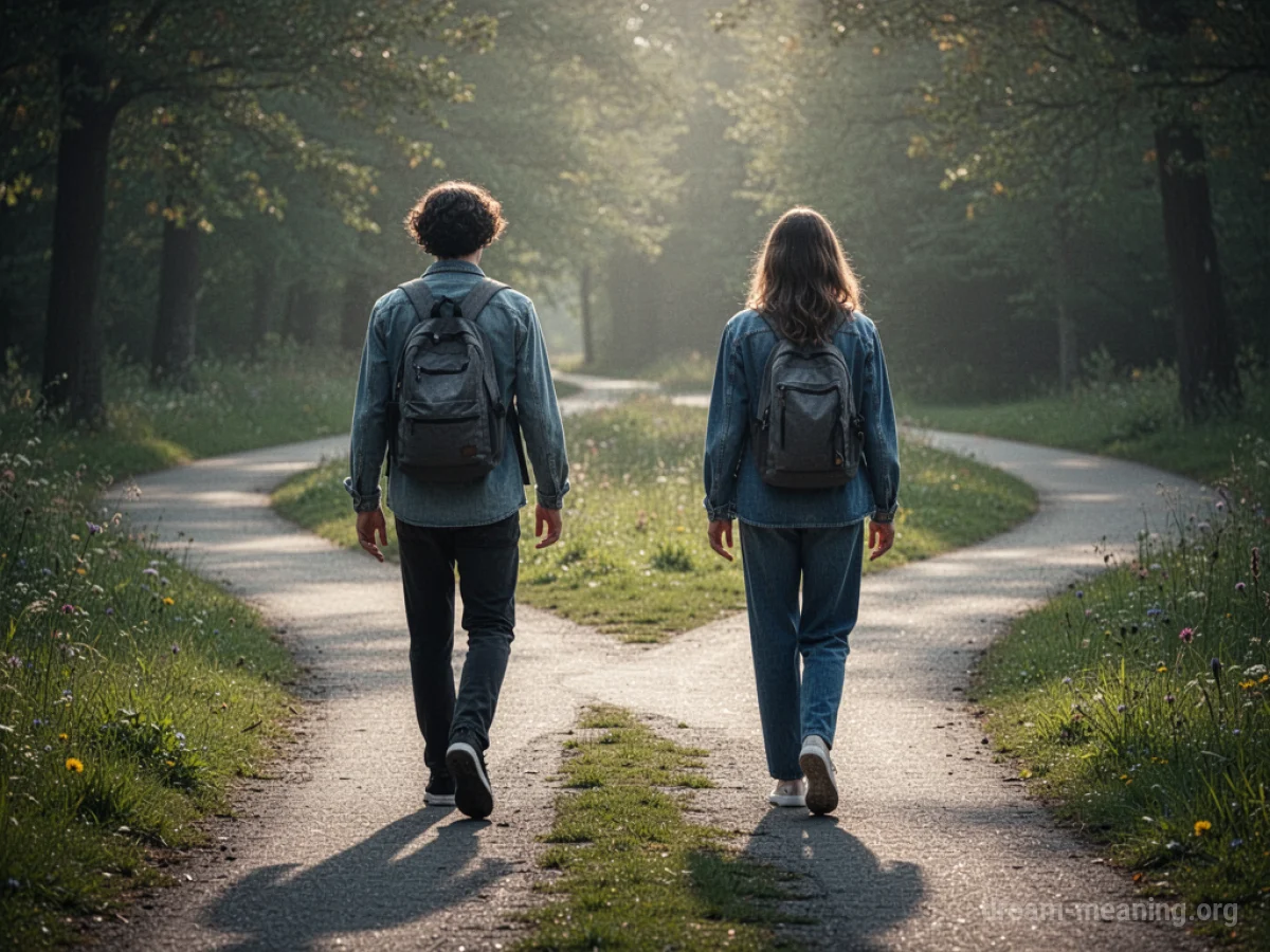 Two silhouetted figures walking away from each other at a fork in the road.