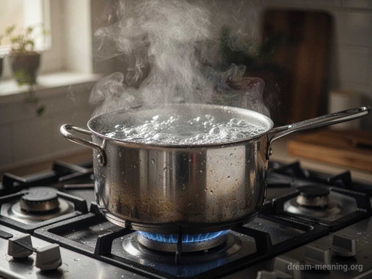 Water violently bubbling in a pot with steam.