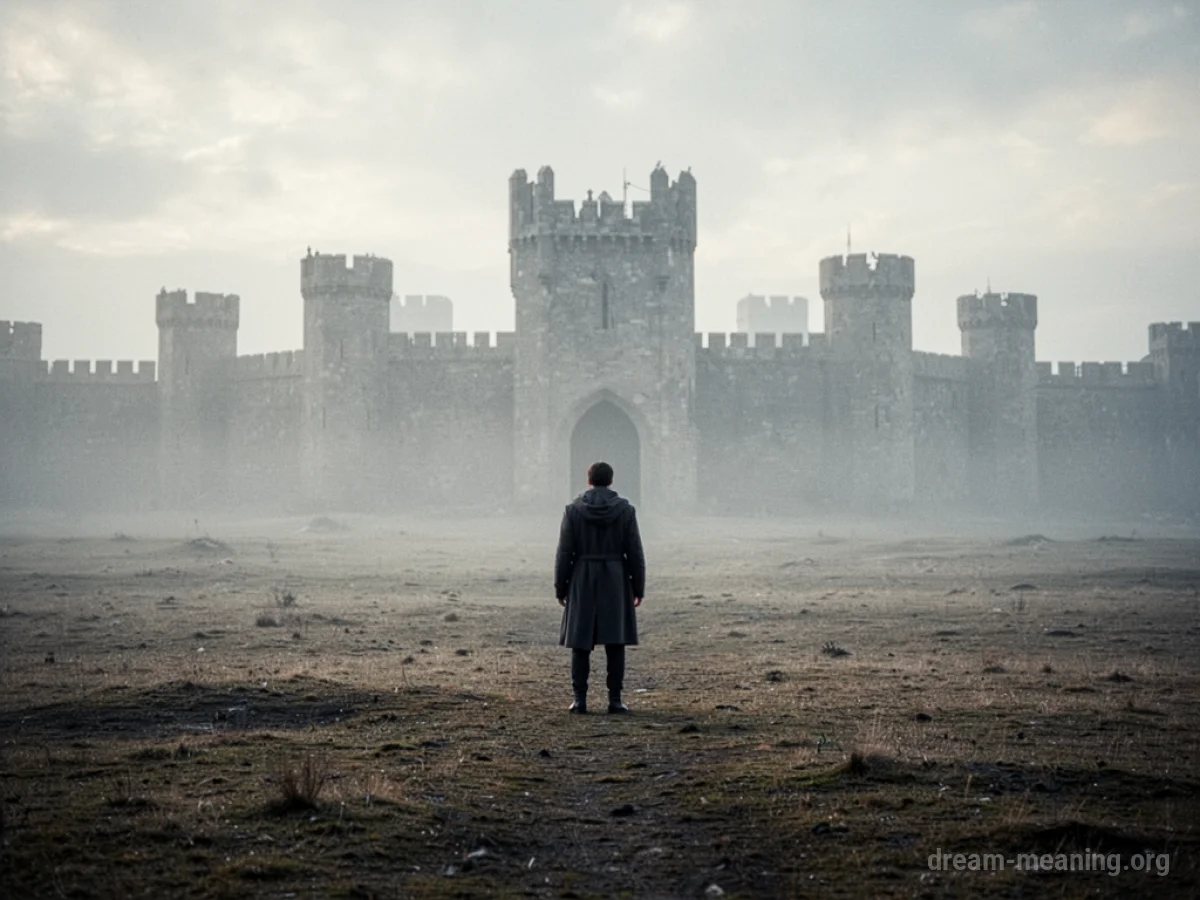A solitary figure stands in a wide, barren field with distant, abstract structures.