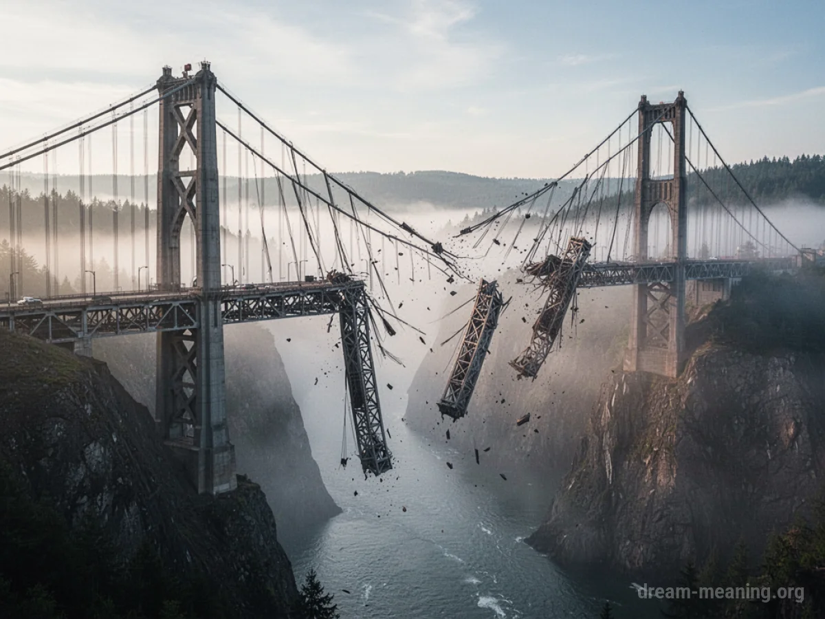 A broken suspension bridge hanging over a foggy abyss.