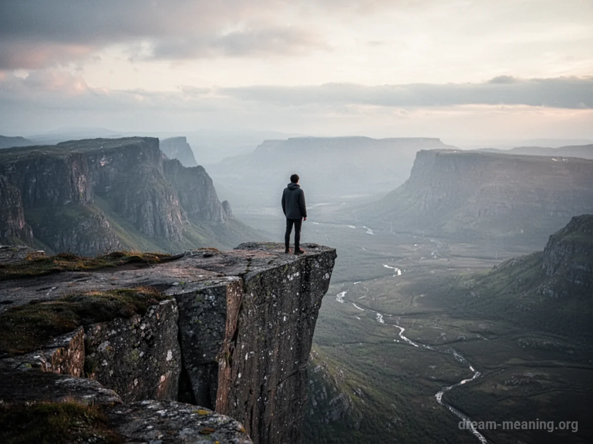 A person stands at the edge of a cliff overlooking a misty valley.