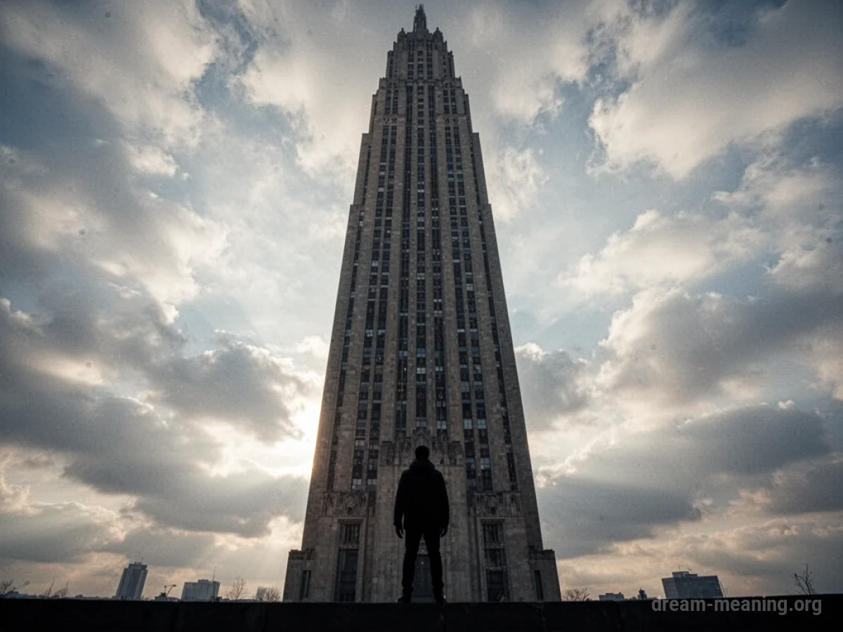 Silhouette of a person looking up at a very tall building.