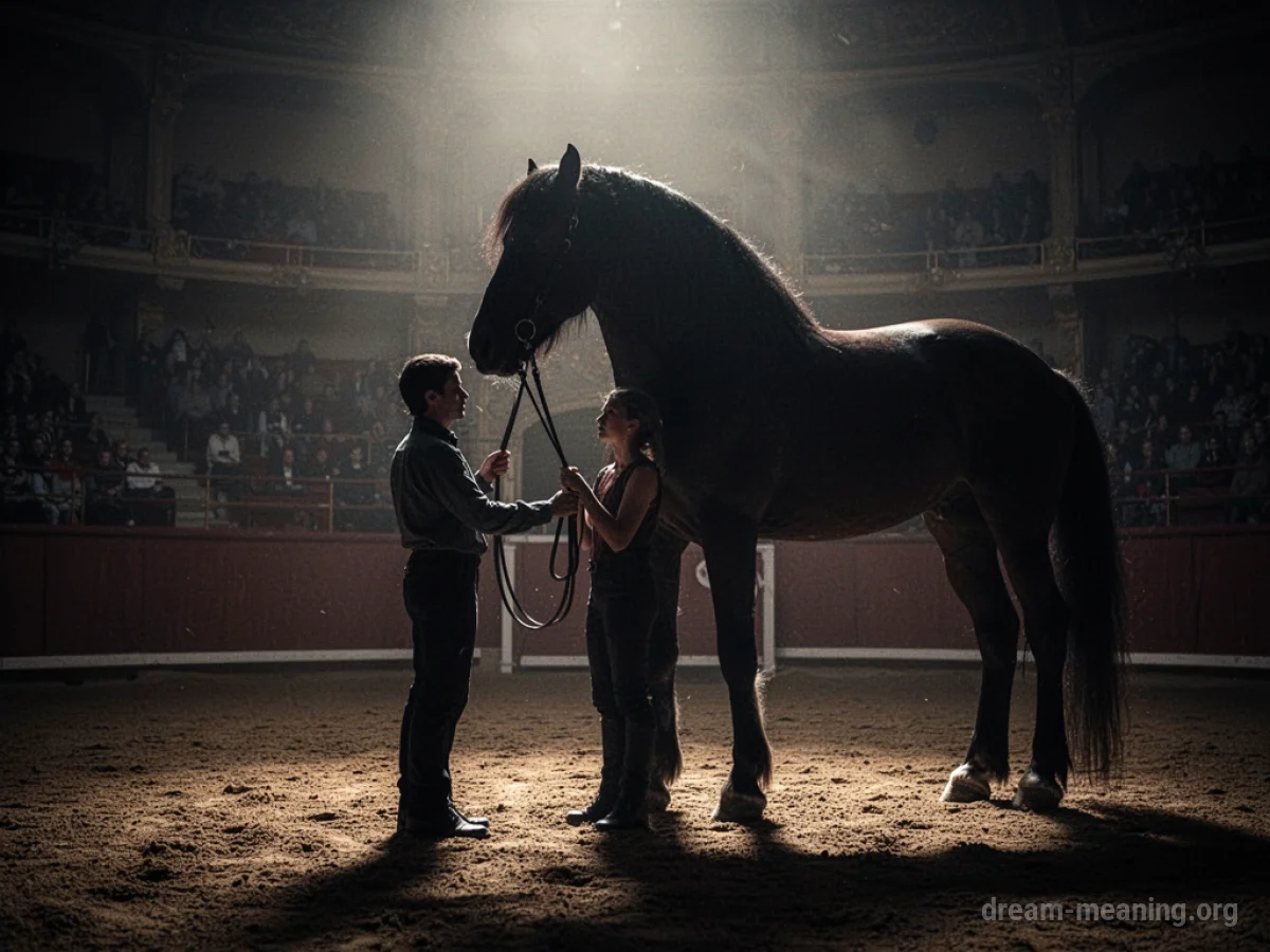 A person holding reins attached to a large shadowy animal.