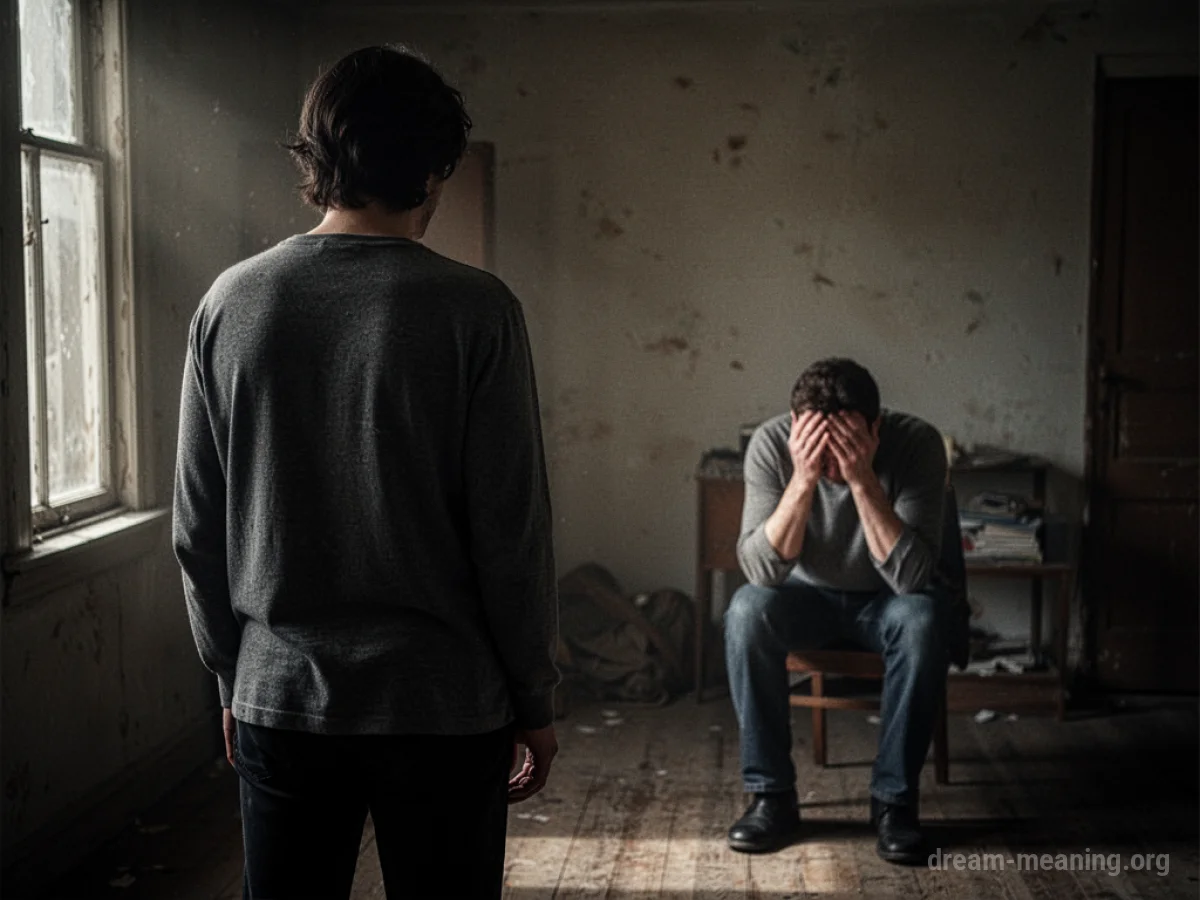 A silhouette of one person facing away from another person who is seated with their head down.