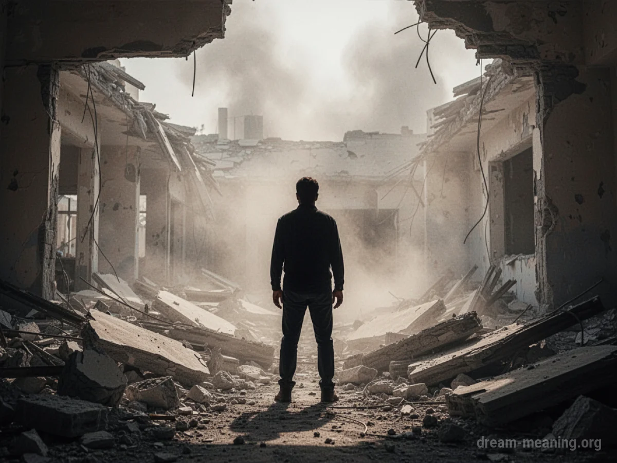 Silhouette of a person standing in rubble with dust in the air.