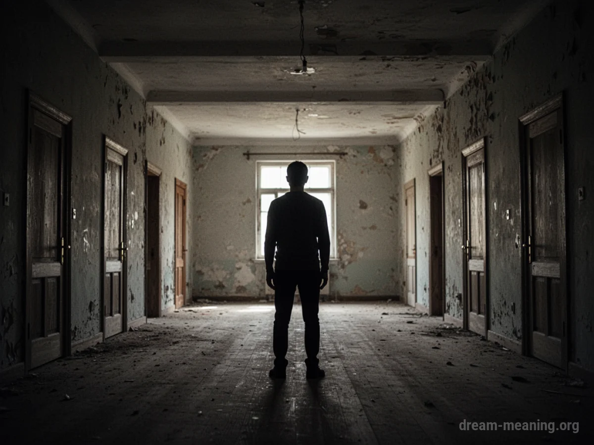 Silhouette of a person inside a dark building with many indistinct doorways.