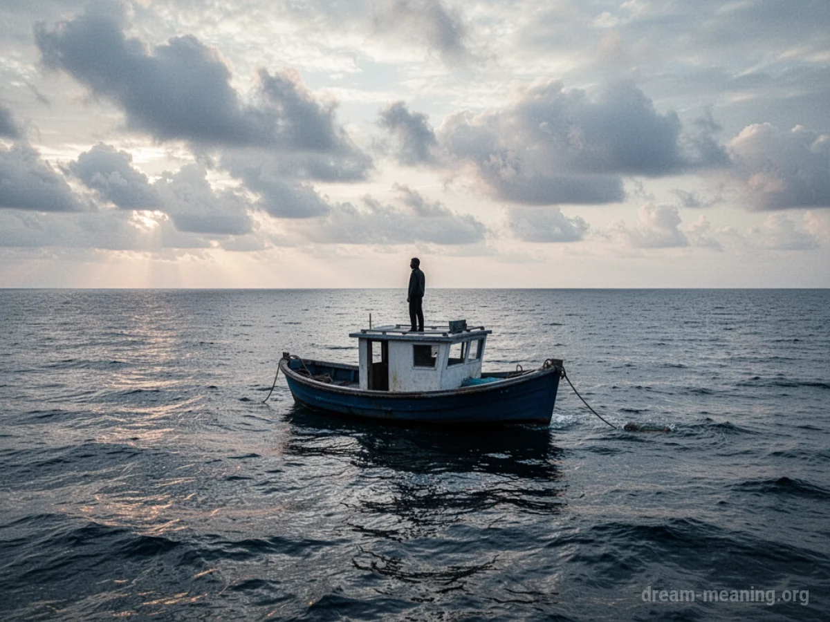 A solitary figure on a small boat in the middle of a wide, overcast sea.