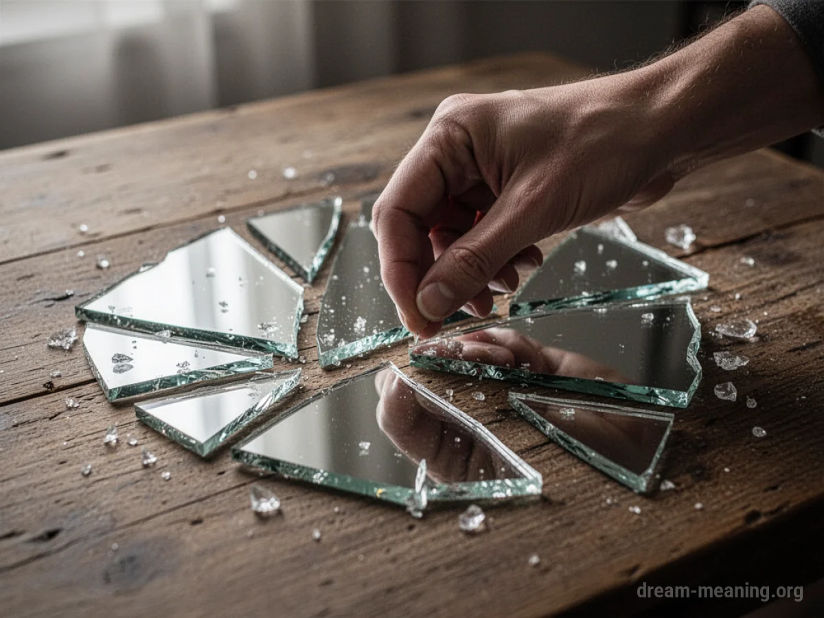 A person's hands attempting to reassemble pieces of a shattered mirror.