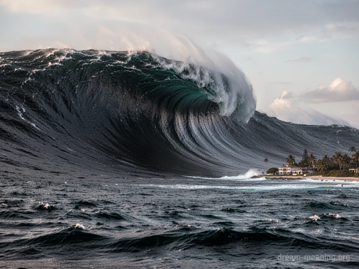 A colossal wave approaching a coastline from the sea.