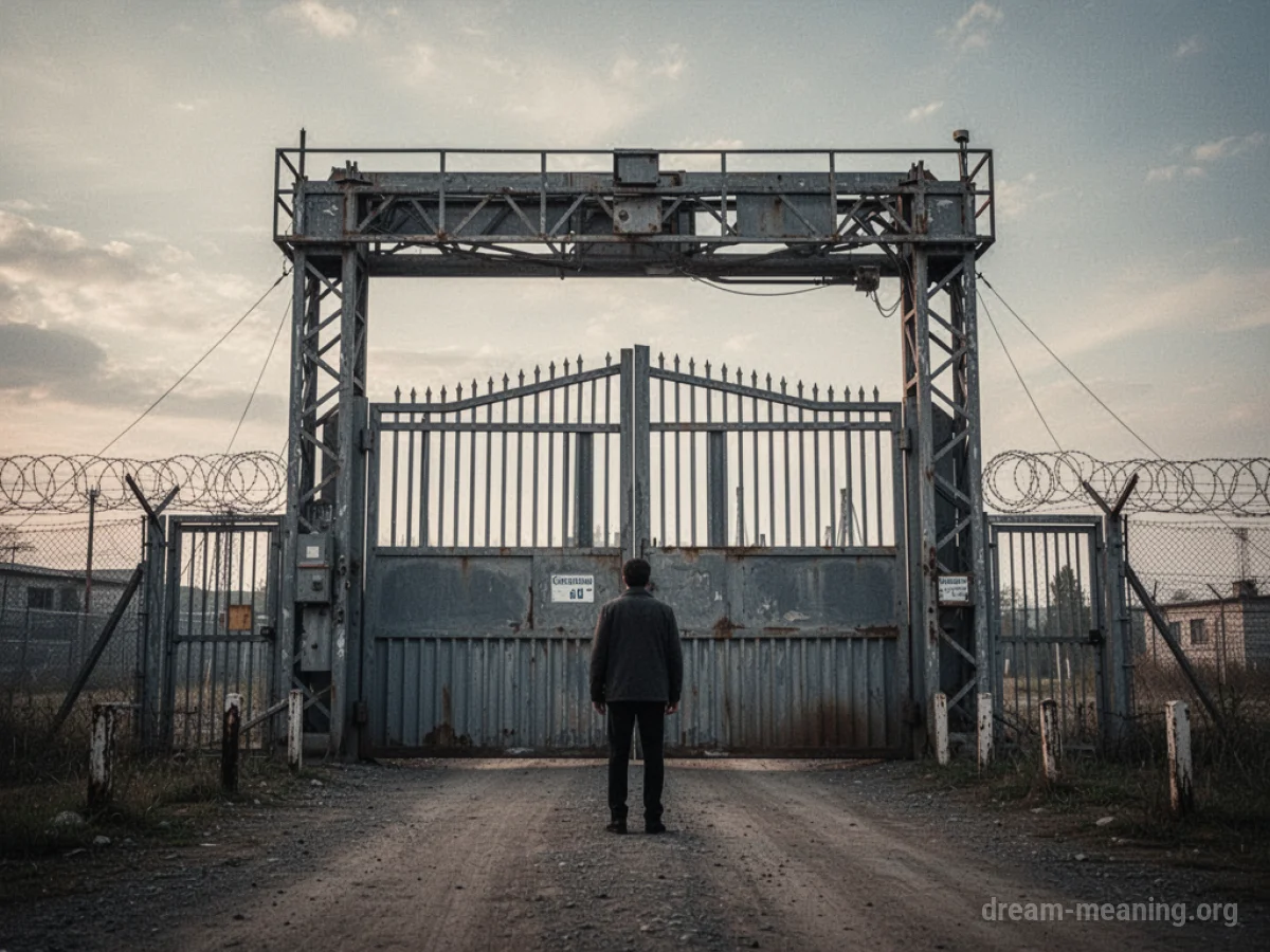 A person standing in front of a closed border crossing.