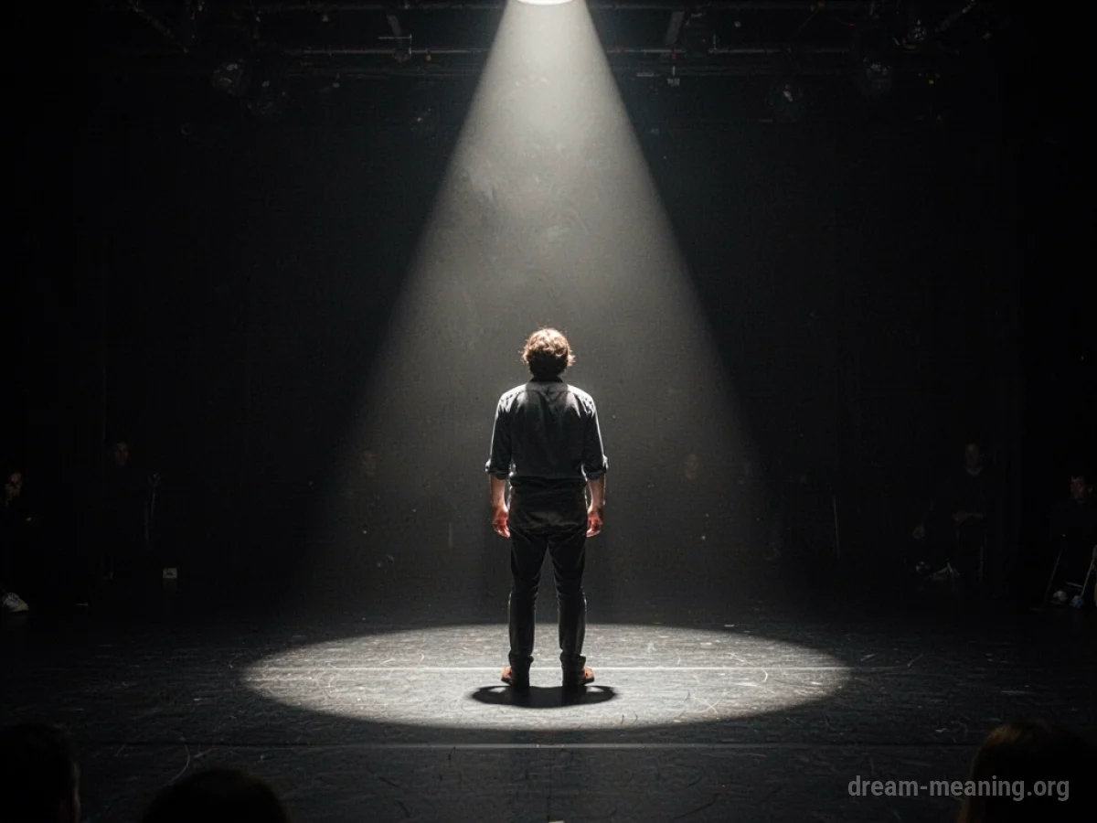 A lone figure stands on a dark stage under a single spotlight.