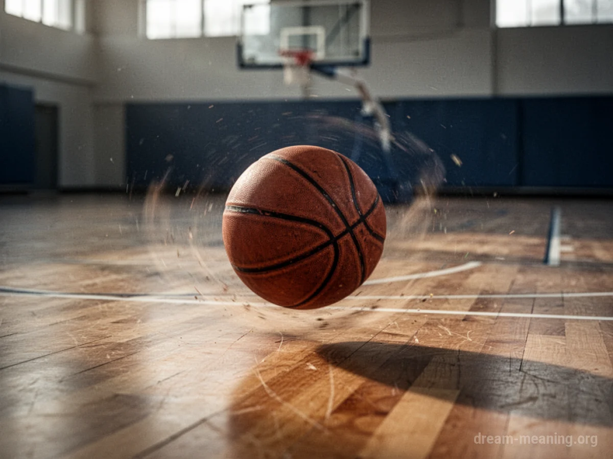 A basketball bouncing rapidly on a wooden court.
