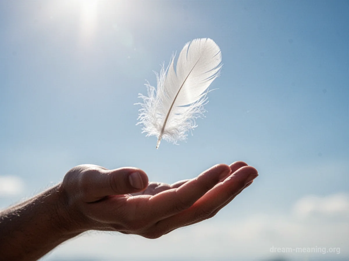 A white feather falling from the sky towards an open hand.