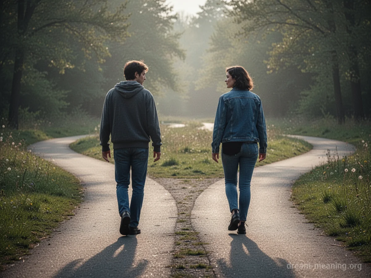 Two silhouetted figures parting ways on a diverging path under a cloudy sky.