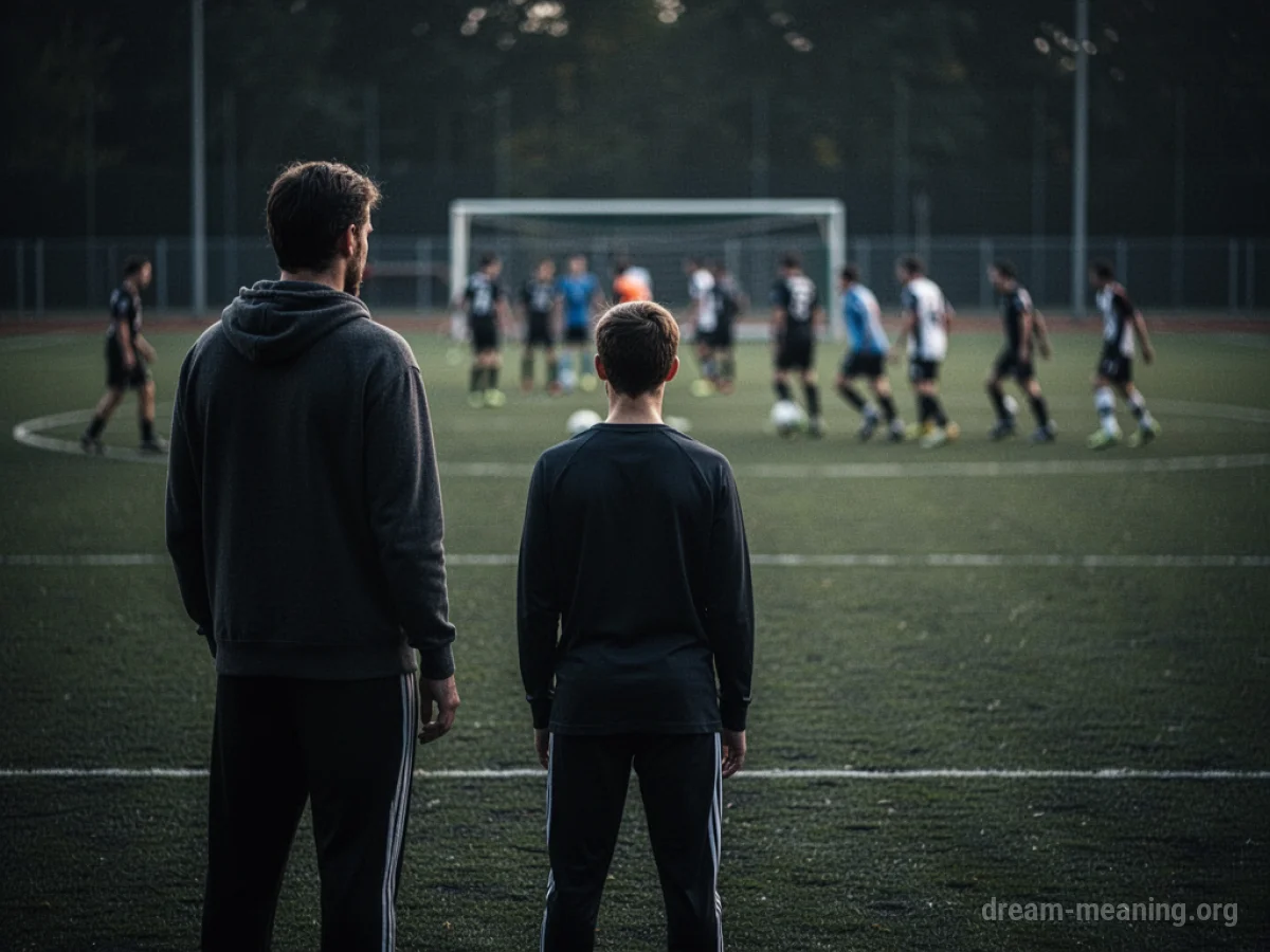 A lone person on a sports field facing away from a group playing a game.