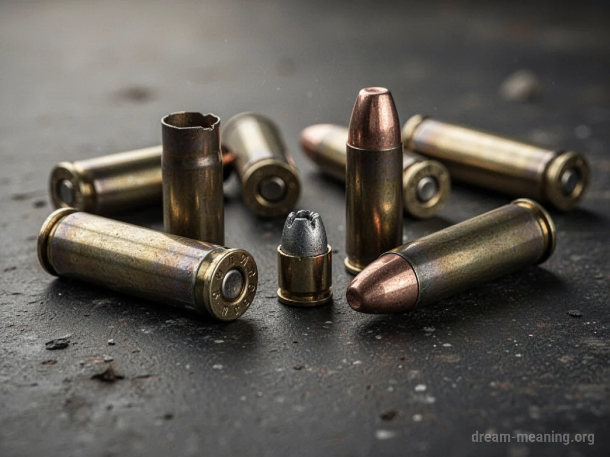 Several empty bullet casings and projectiles arranged on a dark surface.