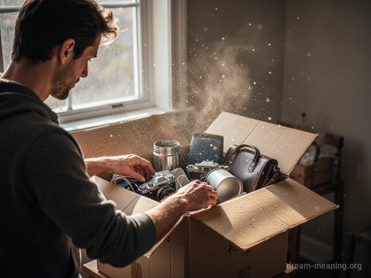 A person opens a box of belongings near a window.