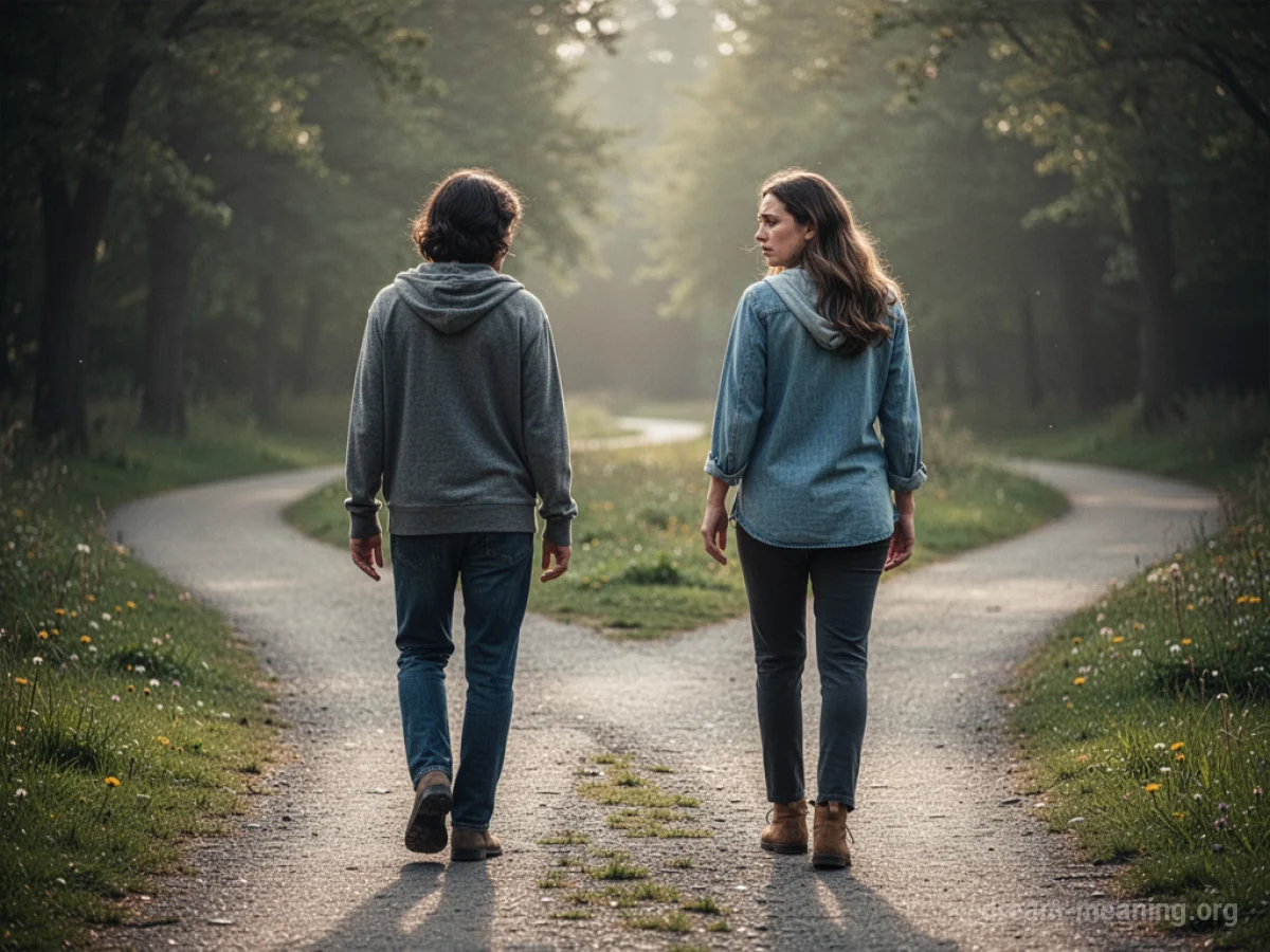 Two figures diverging on a split path, one looking back.