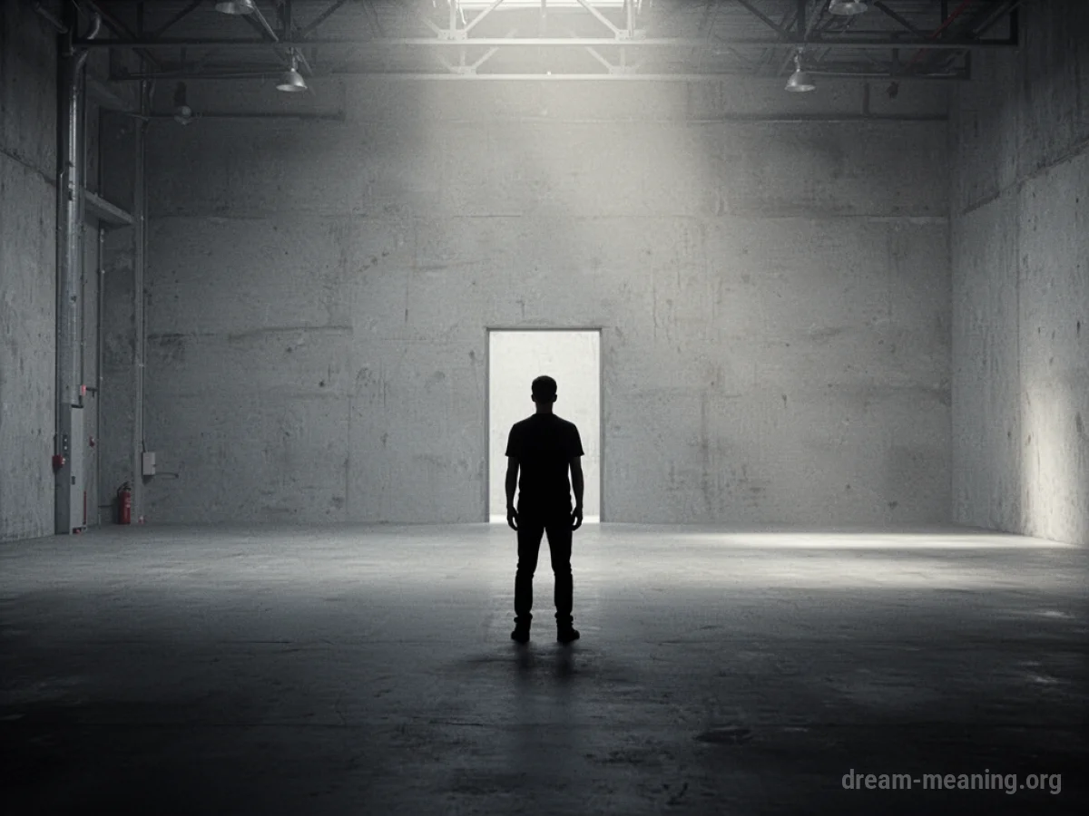 A lone figure stands in a completely dark, featureless room.
