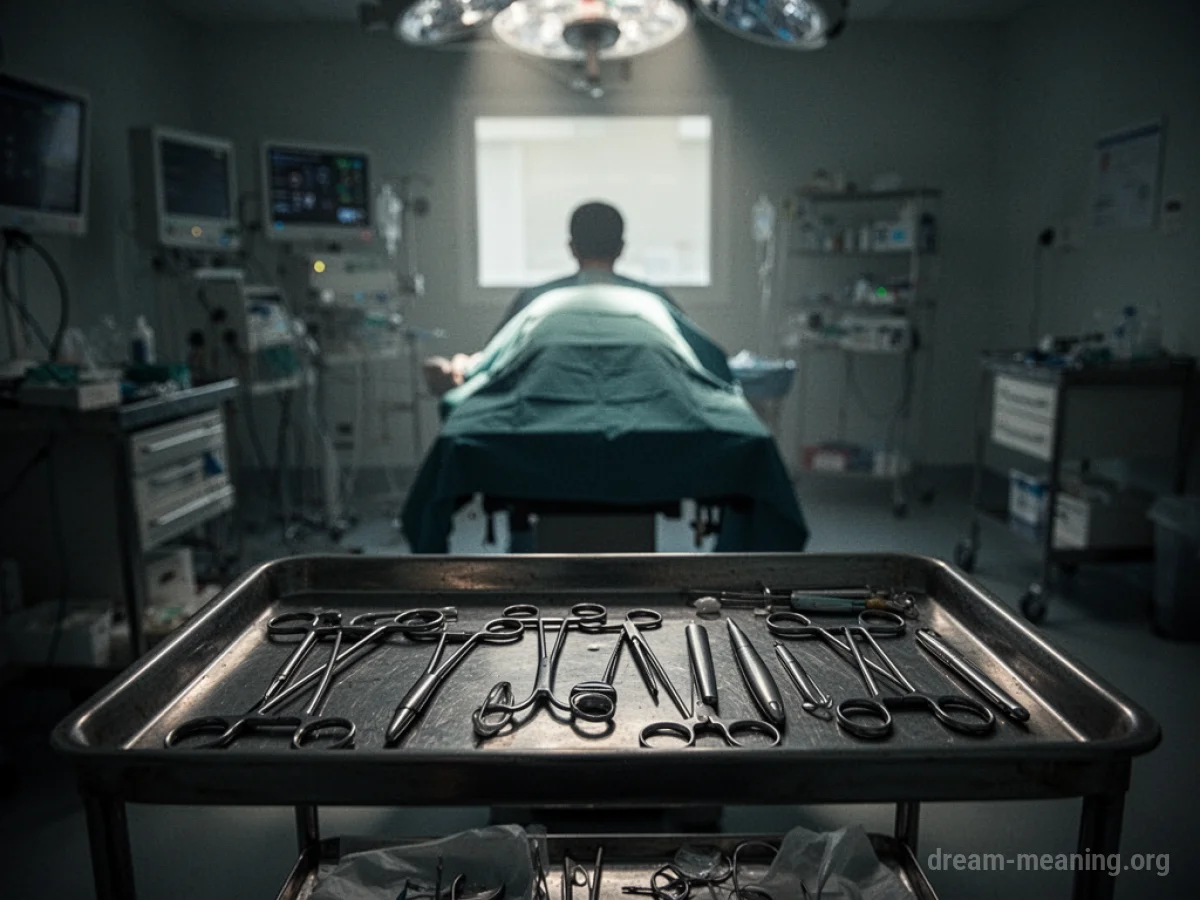 A silhouette of a person on an operating table in a dimly lit room with surgical instruments nearby.