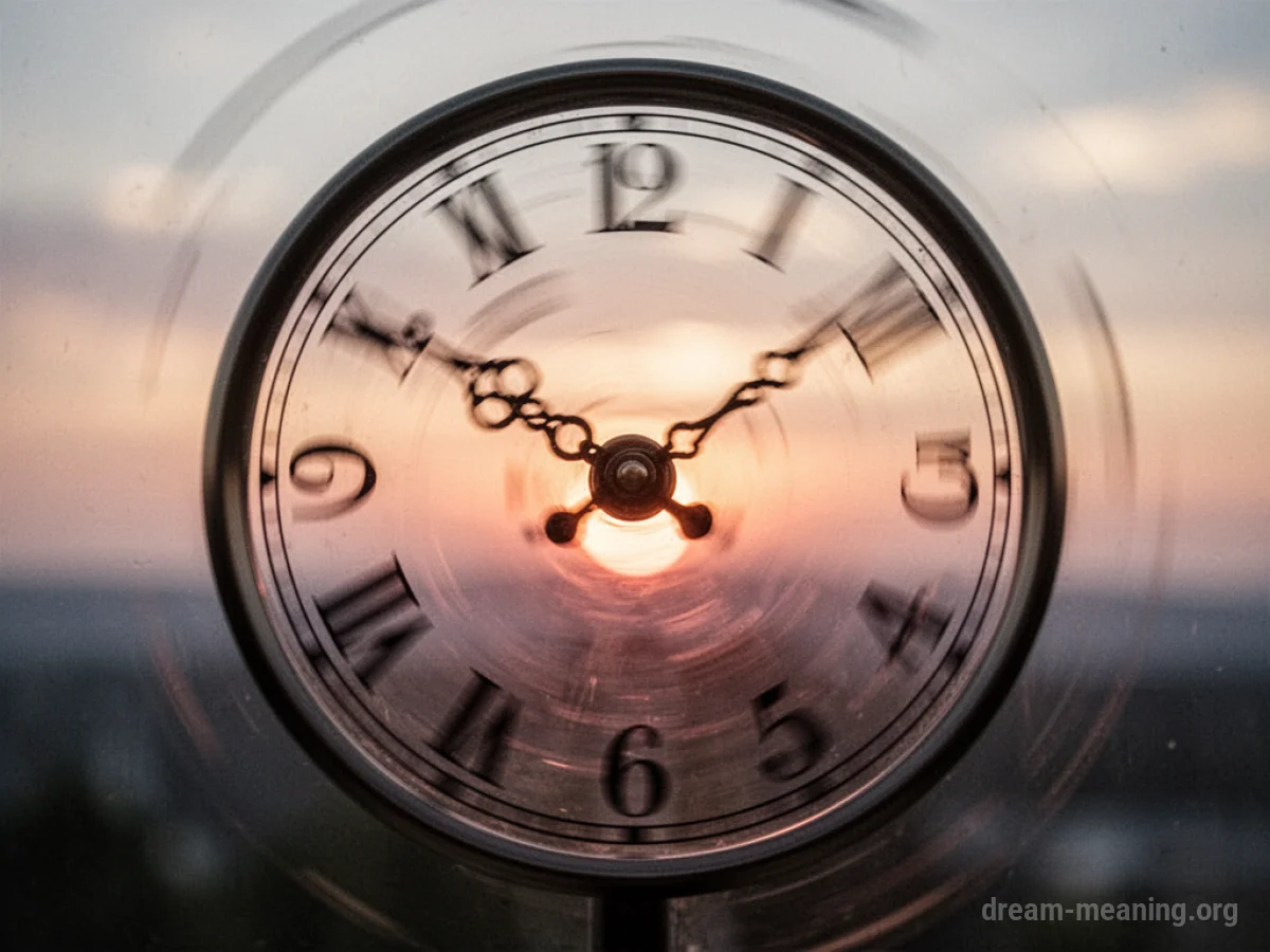 A clock with fast-moving hands against a blurry sunrise.