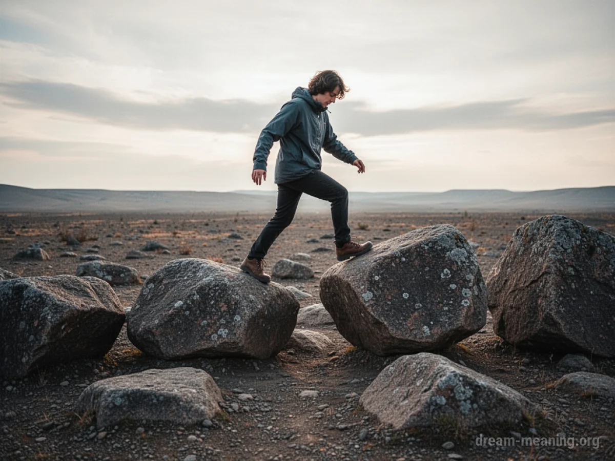 A person stepping across large, uneven boulders in a desolate area.