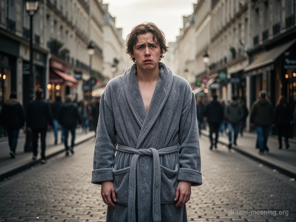 A person in a bathrobe stands on a street.