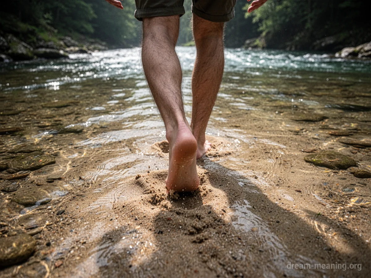 Feet walking on the sandy floor of a clear river.