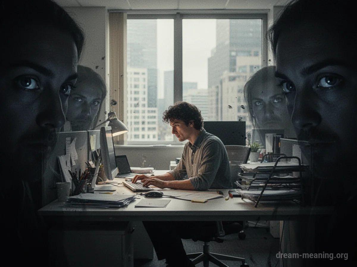 A person at a desk in an office, with indistinct figures in the background.