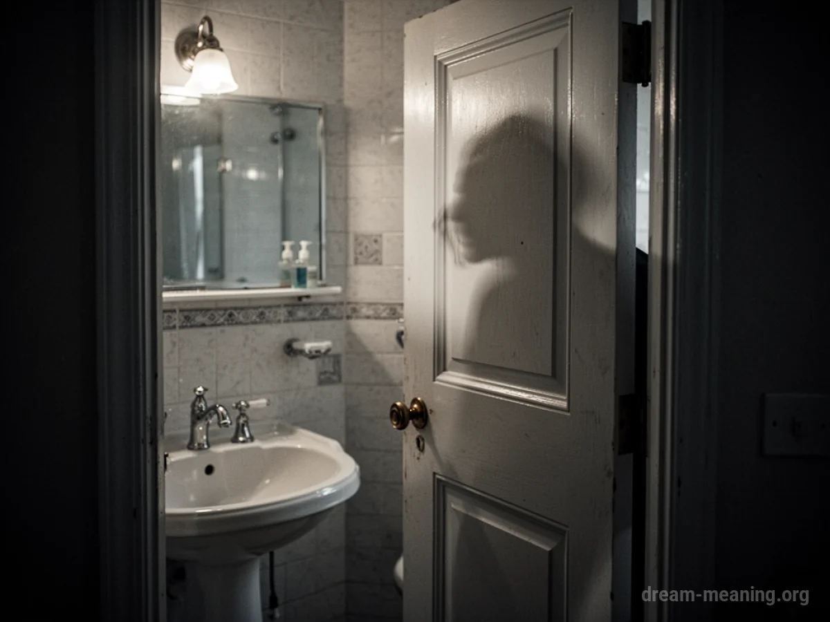 A sliver of a bathroom door is open, revealing a dark hallway beyond.
