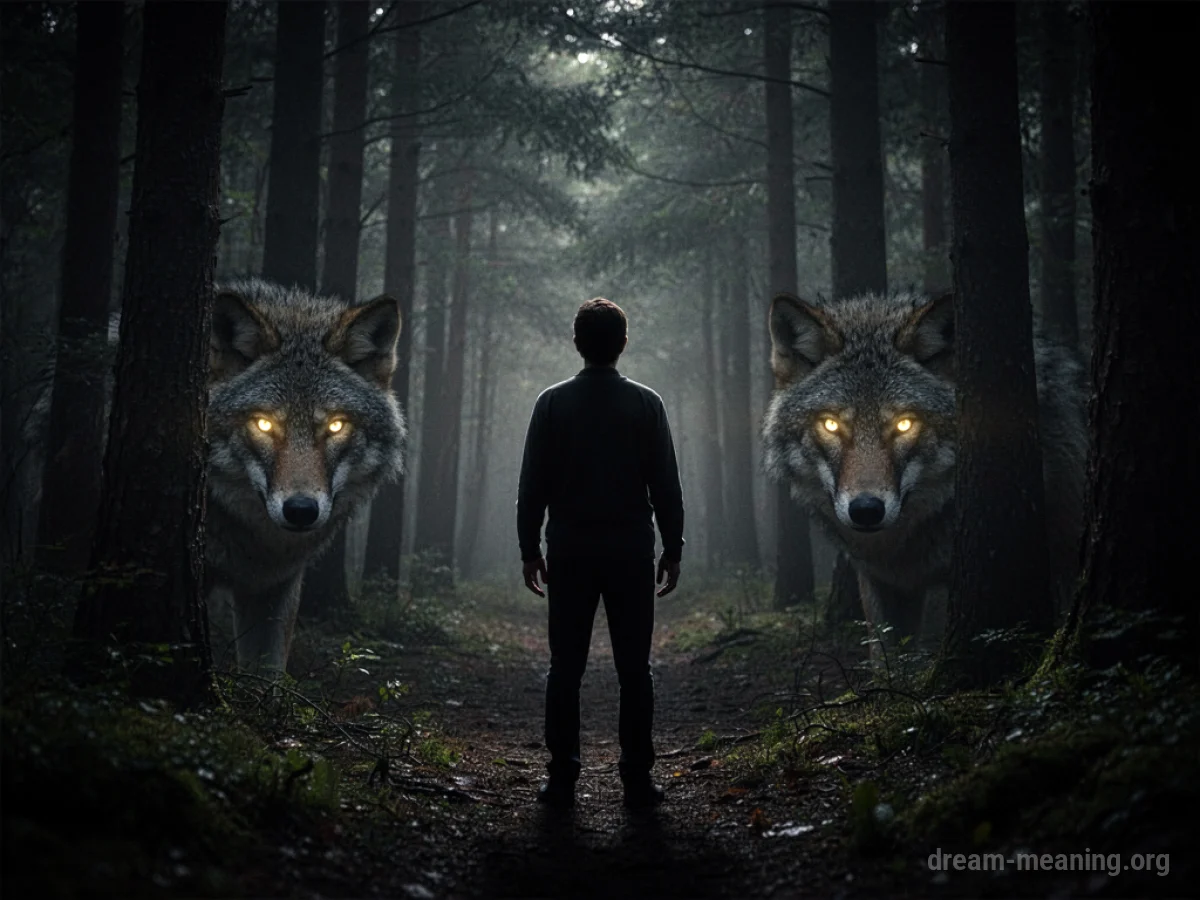 Silhouette of a person in a dark forest with glowing animal eyes watching from shadows.