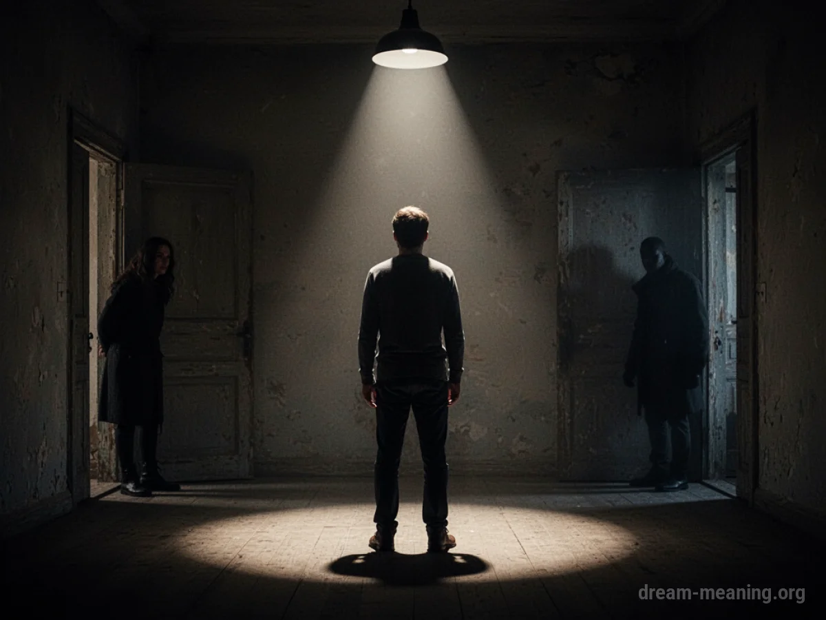 Person under a spotlight, observed from a doorway.