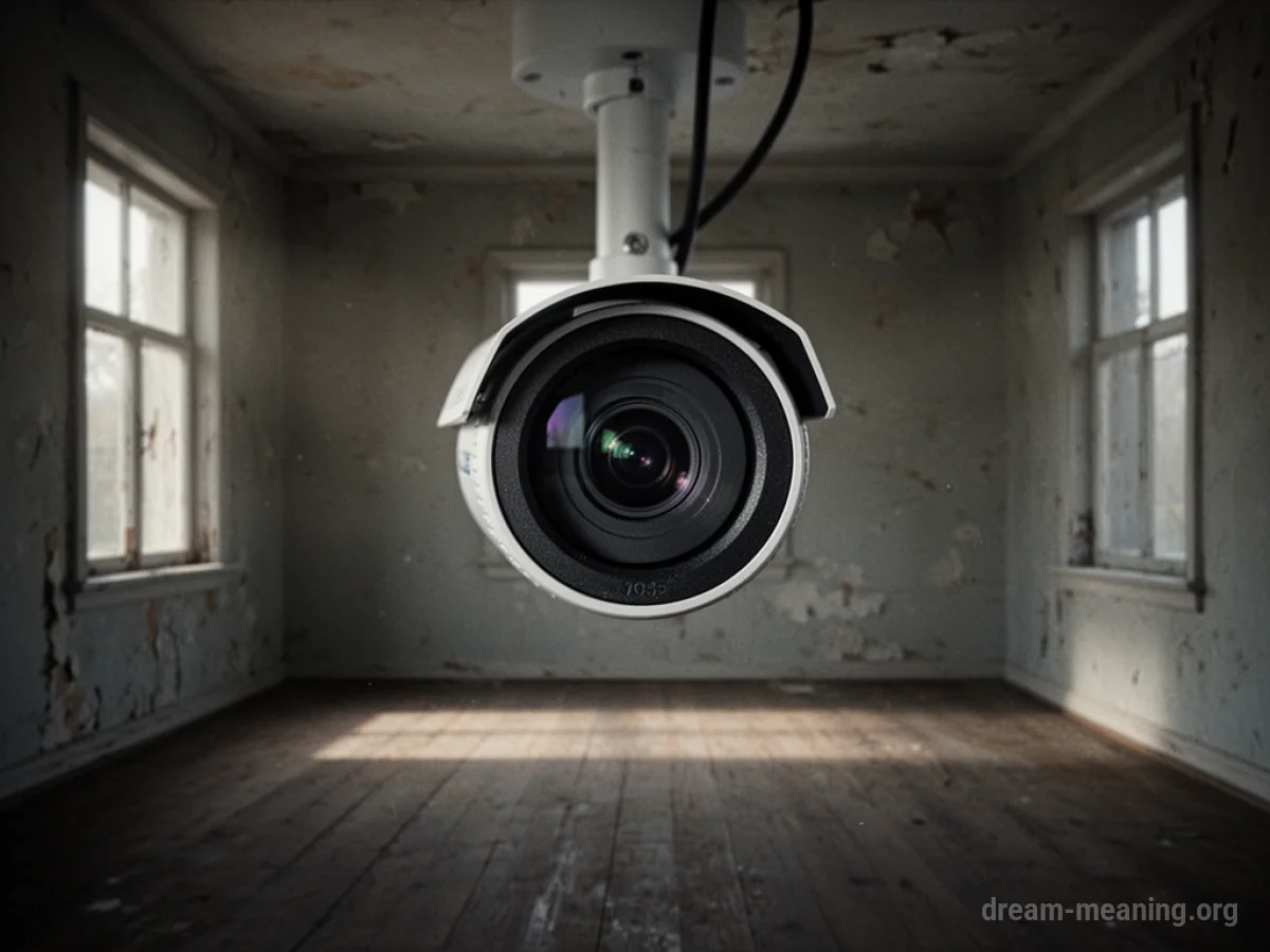A close-up of a black security camera lens in a dark room.