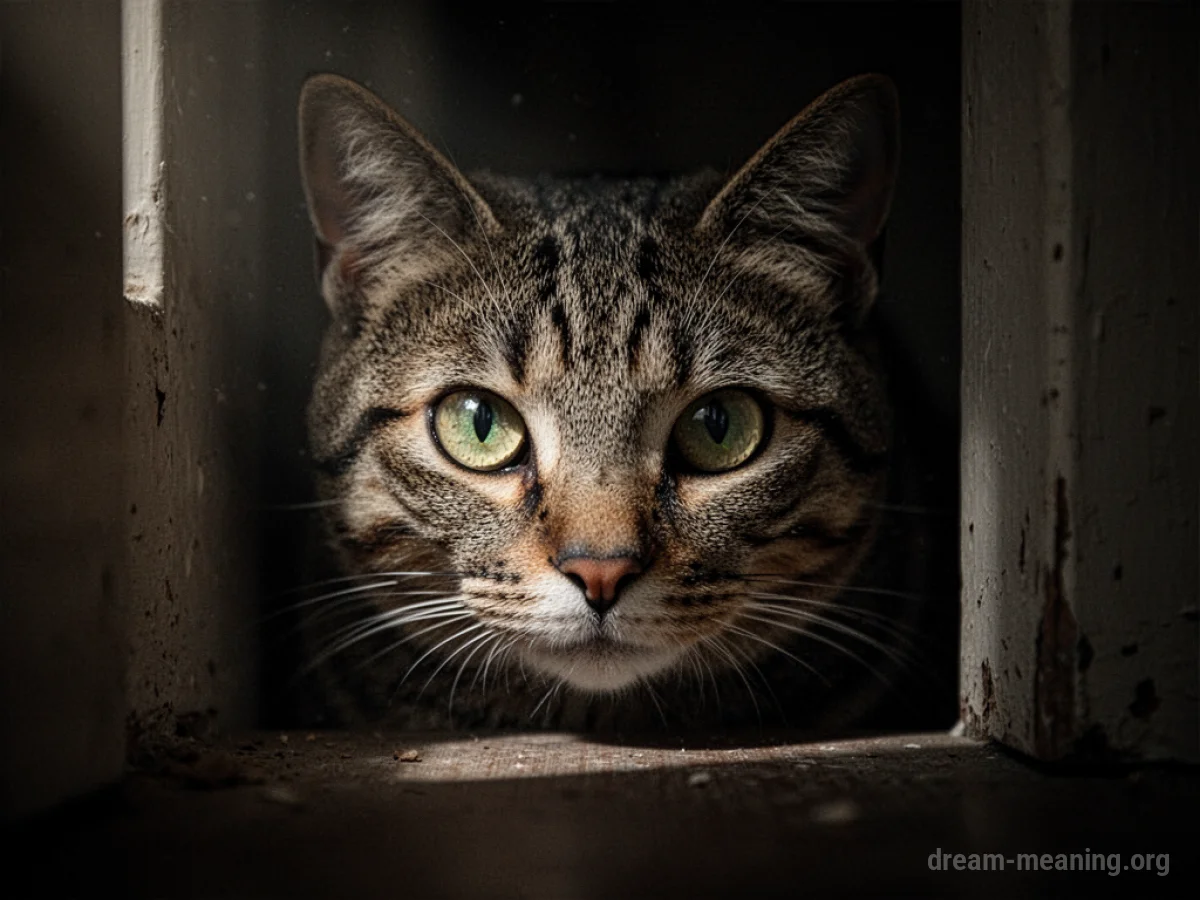 A cat's eyes peeking out from dark shadows.